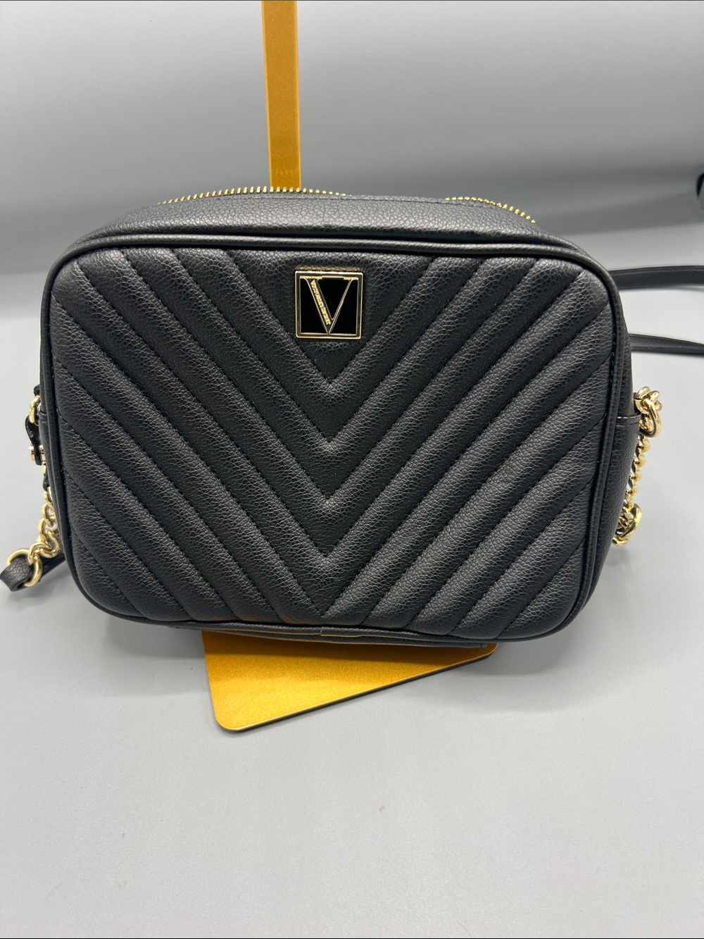 Victoria secret V-Emblem Quilted Crossbody Bag - Black with gold accents